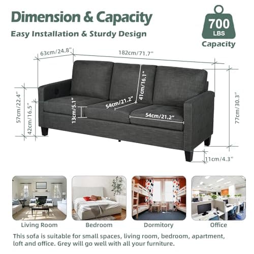 72" 3 Seater Gray Couch with USB Ports for Small Spaces