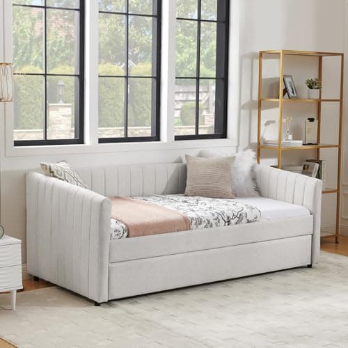 Twin Size Daybed with Trundle and Stripes - Beige