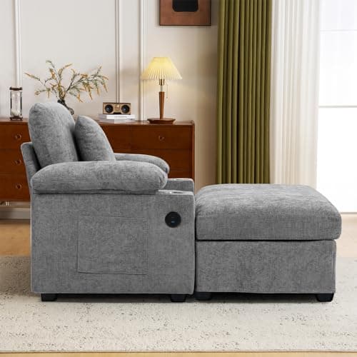 Light Grey Chenille Chaise Lounge with Ottoman & USB, Storage Armrests, & Side Pockets