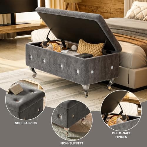Velvet Upholstered Storage Bench with Safety Hinge