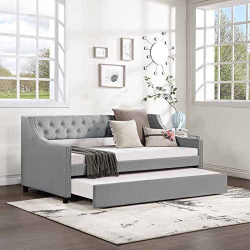 JEEOHEY Modern Button Tufted Velvet Beige Upholstered Daybed with Trundle