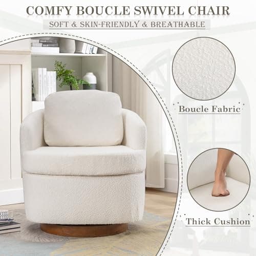 JEEOHEY 30 Ivory Swivel Barrel Chair - Modern Boucle Accent Chair for Nursery, Living Room, Bedroom, Club