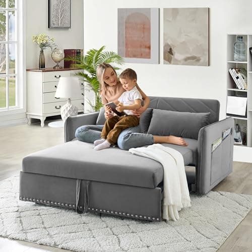 Convertible Sleeper Sofa Couch with Pull Out Bed, Modern Velvet Sofa Bed with Adjustable Backrest & USB Ports