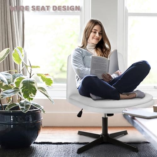 Lemberi PU Leather Armless Office Chair, Criss Cross Legs, Swivel, 120° Rocking, Mid Back, Small Space