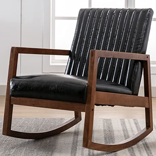 VESCASA Beige Linen Tufted Mid-Century Rocking Chair, Light Walnut Frame, Living Room Nursery Bed RocChair