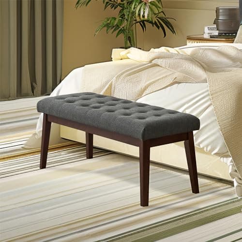 Upholstered Bedroom Bench with Linen Tufted Ottoman and Solid Wood Leg