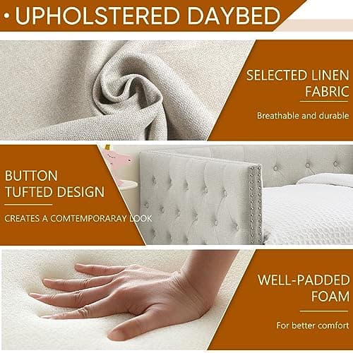 Twin Size Daybed with Storage Drawers, Linen Upholstered Sofa Bed Frame