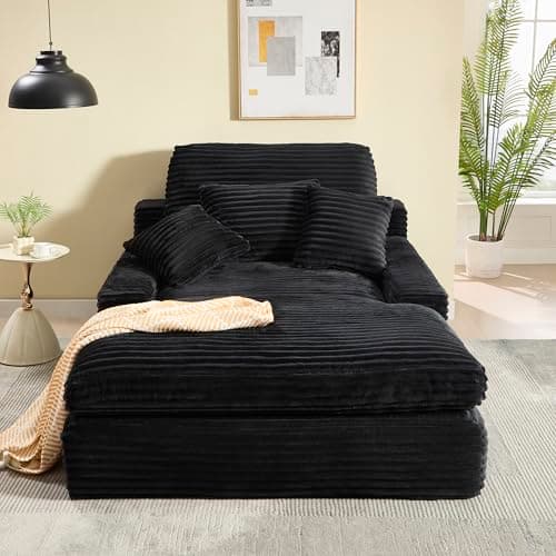 Eafurn Corduroy Upholstered Chaise Lounge Sofa with Ottoman & Cupholders