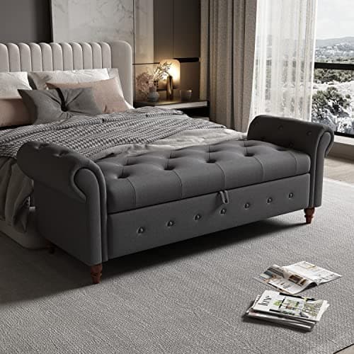 Button Tufted Storage Bench for Bedroom, Linen Fabric Upholstered Ottoman Bench (Dark Grey)