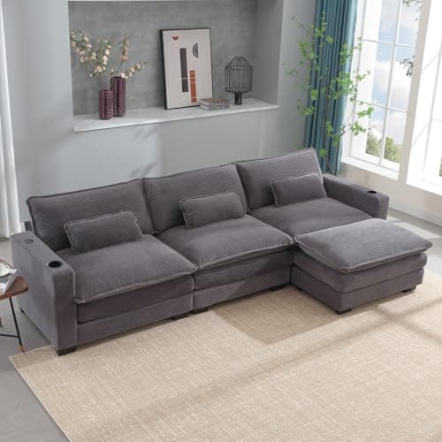 KIVENJAJA Beige Corduroy Cloud Sectional Couch, 82.7"W, Modular Loveseat with Ottoman & USB Port