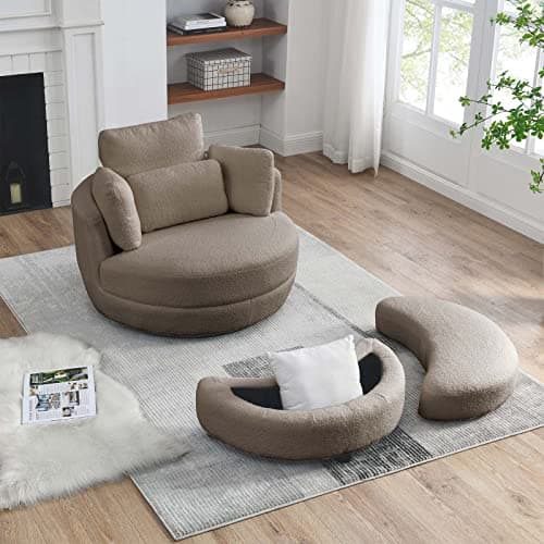 Grey Teddy Fabric Swivel Chair with Storage Ottoman