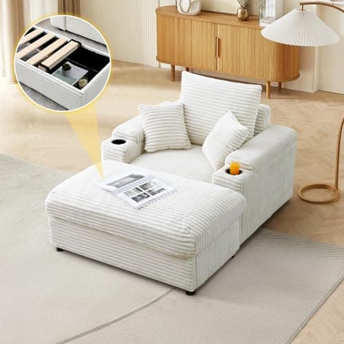 Cozy Blue Chaise Lounge Chair with Storage Ottoman & Cup Holders