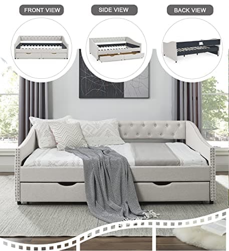 Upholstered Full Size Daybed with Storage and Headboard (Beige)