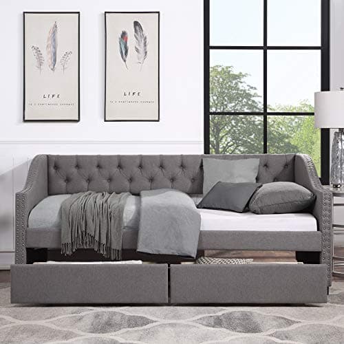 Grey Tufted Daybed with Drawers & Nailtrim Arms, Solid Wood Frame