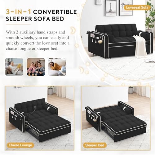Convertible Sleeper Sofa with Adjustable Backrest, Velvet Tufted Pull Out Couch Bed for Small Spaces (Black)