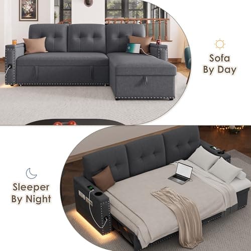 HIFIT 87" L-Shaped Sleeper Sofa Bed with LED Light, Grey