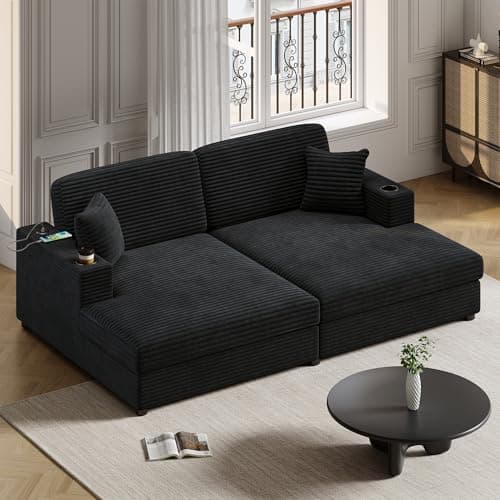Blue-gray 55" Oversized Chaise Lounger with Chenille Fabric, Pillows, Charge Station & Cup Holders