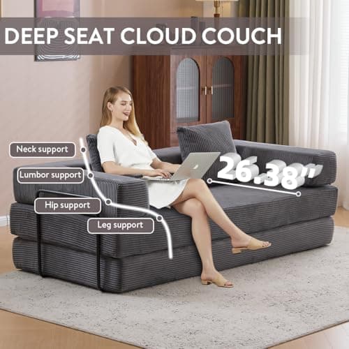 4-in-1 Convertible Folding Sleeper Sofa Bed, Dark Grey Corduroy Mattress Couch
