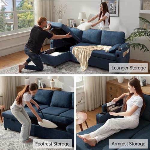 DURASPACE Blue Linen L-Shaped Sofa Bed with Storage (USB, Cup Holder)