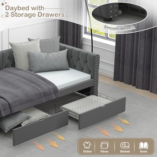 Modern Velvet Twin Size Daybed with Storage Drawers and Nailhead Trim