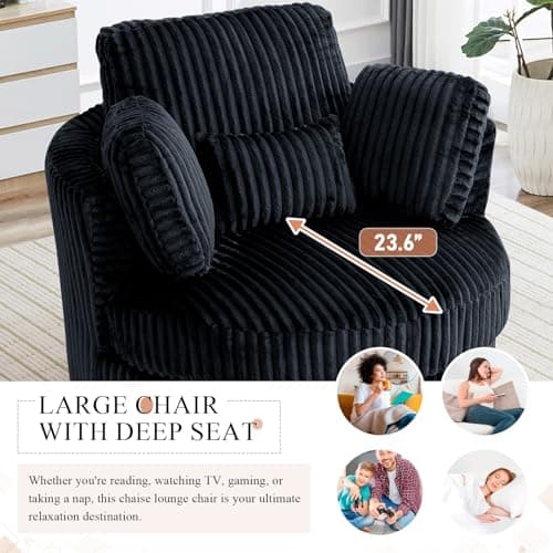 40" Modern Black Swivel Chair with 360° Metal Base & Plush Pillows, Thick Cushion, Living Room & Bedroom Accent (Black)