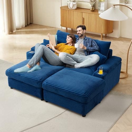 Oversized Chaise Lounge Chair with Storage Ottomans, Blue
