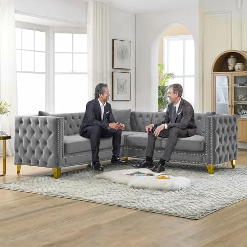 Oversized Velvet L Shaped Chesterfield Sofa with Deep Seat Corner, Button Nailhead Detail, Grey Color