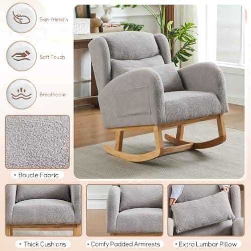 Modern Nursery Rocking Chair with High Backrest and Side Pockets - Grey