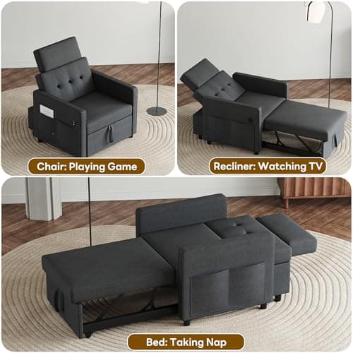 LIKIMIO 3-in-1 Sleeper Sofa Chair Bed, Dark Greyadjustable backrest_linenfabric