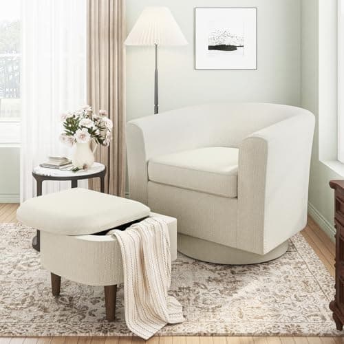 COLAMY Swivel Barrel Accent Chair with Ottoman, Light Brown