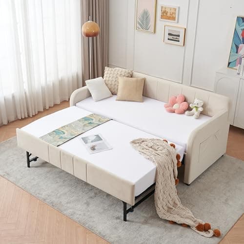 Twin Velvet Daybed with Pop-up Trundle & USB Port, Space-Saving & Easy Assembly