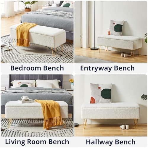 Gold Finished Cozy Castle Storage Bench, 43.3" for Bedroom & Entryway