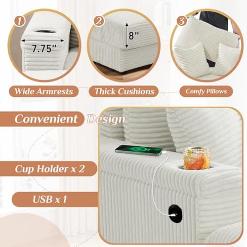 Beige & White Oversized Chaise Longue with USB & Cup Holder, 42" W
