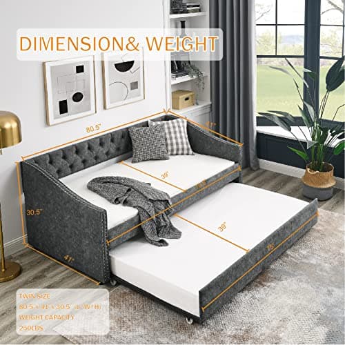 Modern Upholstered Daybed with Trundle for Twin Size - Grey