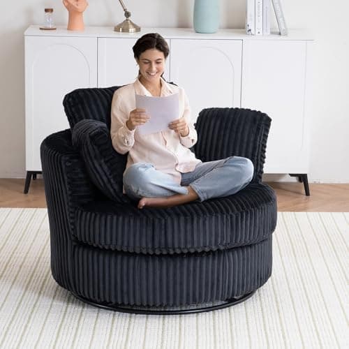 40" Modern Black Swivel Chair with 360° Metal Base & Plush Pillows, Thick Cushion, Living Room & Bedroom Accent (Black)