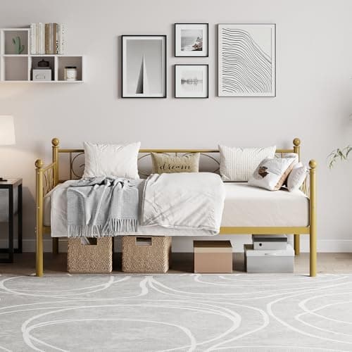 Gold Metal Day Bed, Twin Size with Floral Headboard, Modern SOFE Bed Frame
