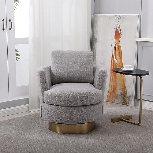 Gold Stainless Steel Base 360 Degree Swivel Chair, Teddy Grey Fabric (Living Room, Bedroom)