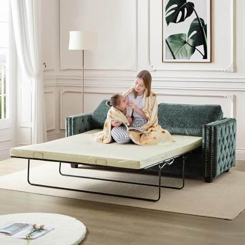 Chenille Convertible Sleeper Couch Bed, Full Size Memory Foam Mattress(Green)