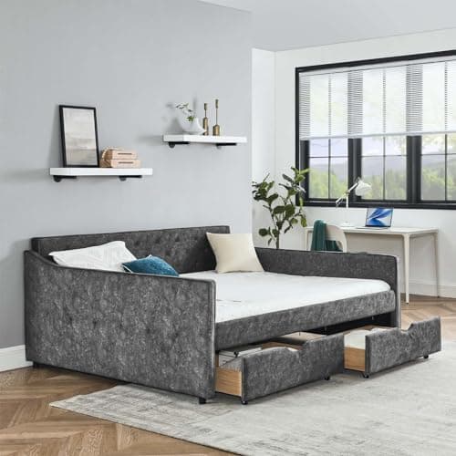 Modern Queen Size Upholstered Daybed with Storage Drawers