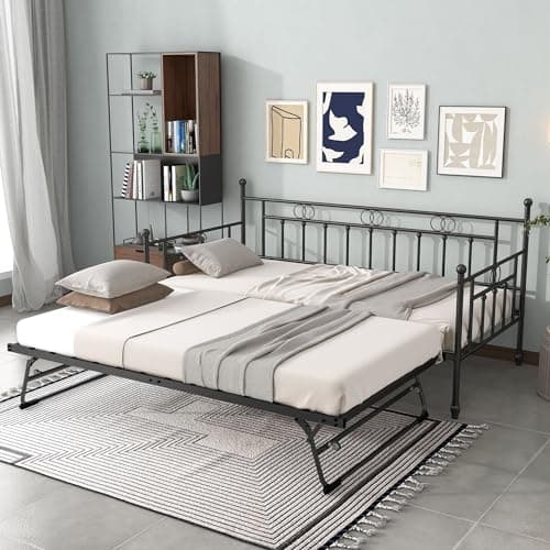 Vintage Twin Day Bed with Pop Up Trundle, Space-Saving Metal Frame for Adults