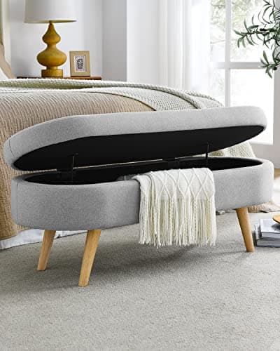 Beige Linen Oval Storage Bench 43.5" for Living Room/Ottoman Entryway