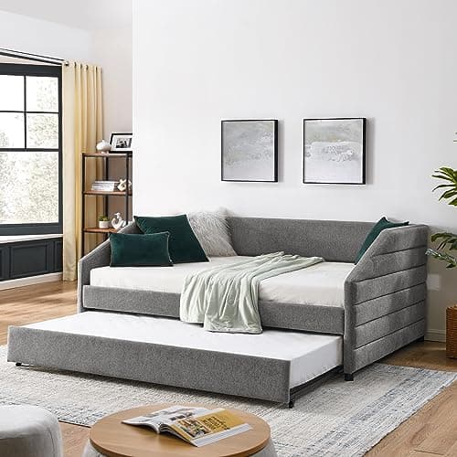 JEEOHEY Tufted Channel Gray Full Size Linen Daybed with Trundle