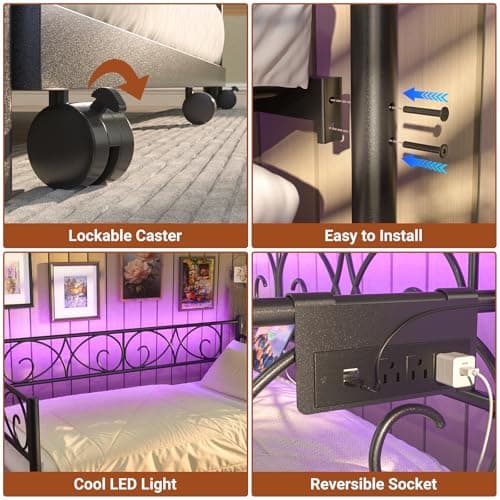Unikito Black Metal Daybed with Pop-Up Trundle, Charging Station, and LED Lights