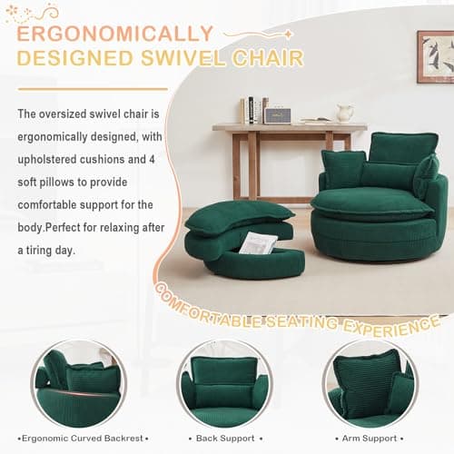JEEOHEY 38"W Oversized Swivel Armchair with Half Moon Ottoman, Green
