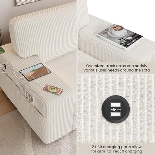 Yaheetech 83.5" Modern 2 Seater Corduroy Sofa with USB Ports & Storage Pockets