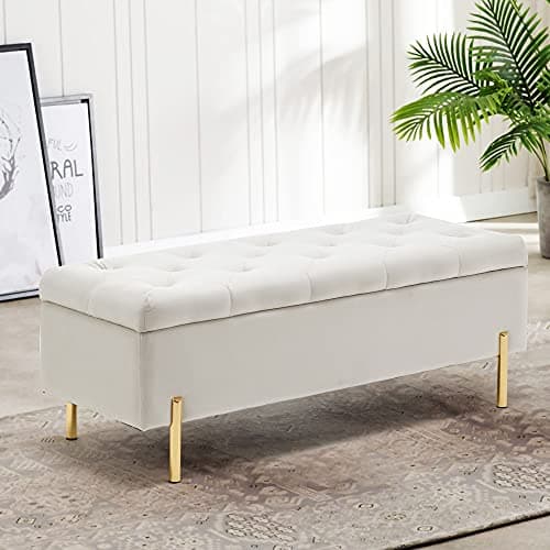 Ivory Upholstered Tufted Velvet Storage Bench for Living Room Entryway