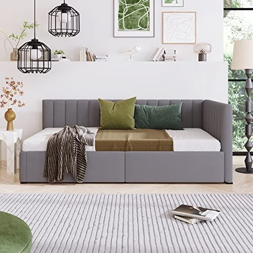 Harper & Bright Designs Gray Linen Upholstered Daybed with Storage Drawers Twin Size