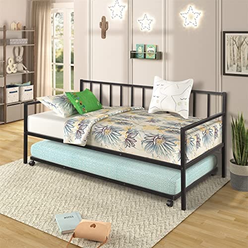 Black Heavy-Duty Metal Daybed with Pullout Trundle, Twin Size