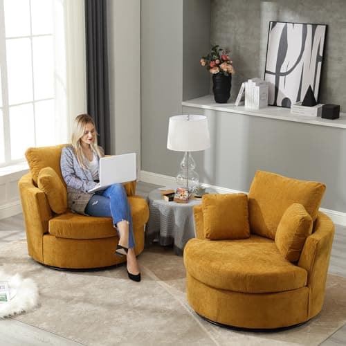 Set of 2 JEEOHEY Modern Chenille Swivel Barrel Chairs with Pillows - Grey Accent Arm Chairs for Living Room, Nursery, Bedroom, Office