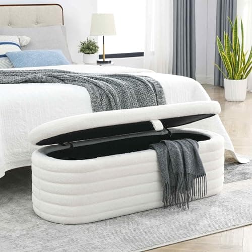 White Sherpa Padded Ottoman Bench with Storage for Living Room and Bedroom